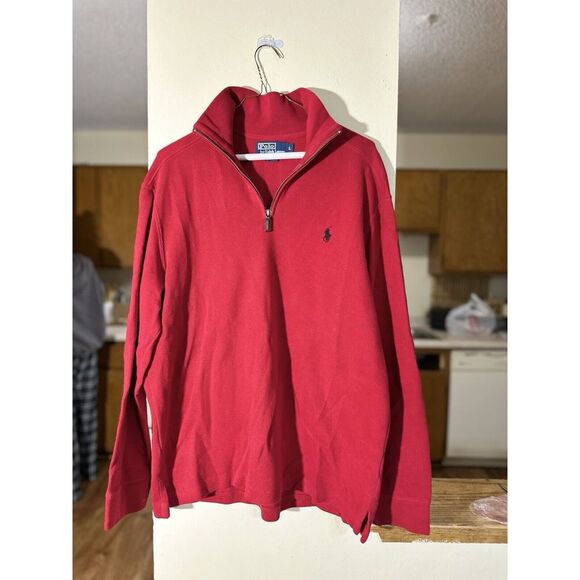 Polo Ralph Lauren Mens L Solid Pullover Quarter Zip Sweater‎ Ribbed Red - Picture 1 of 6